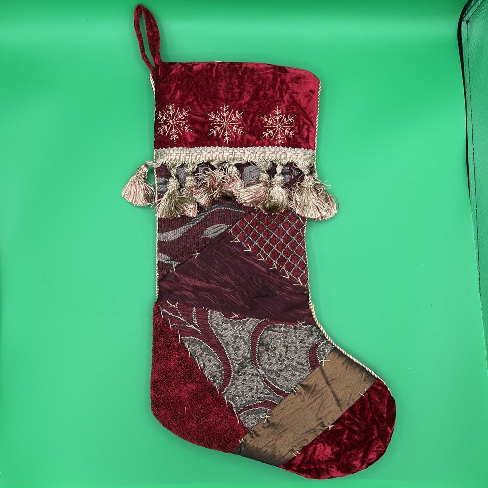 Christmas Stocking quilted Tapestry Tassels‎ Satin Ribbon Mixed Fabrics 18" VTG